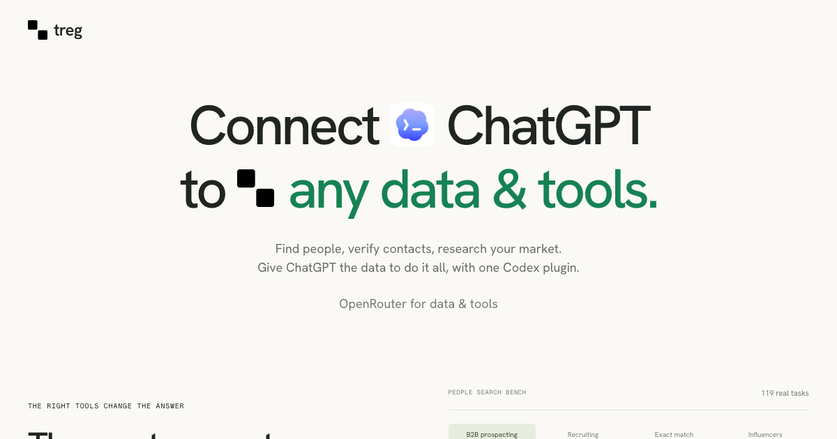 treg.to — One Codex plugin. People search, verified emails, phone numbers, and 2,800+ data &…