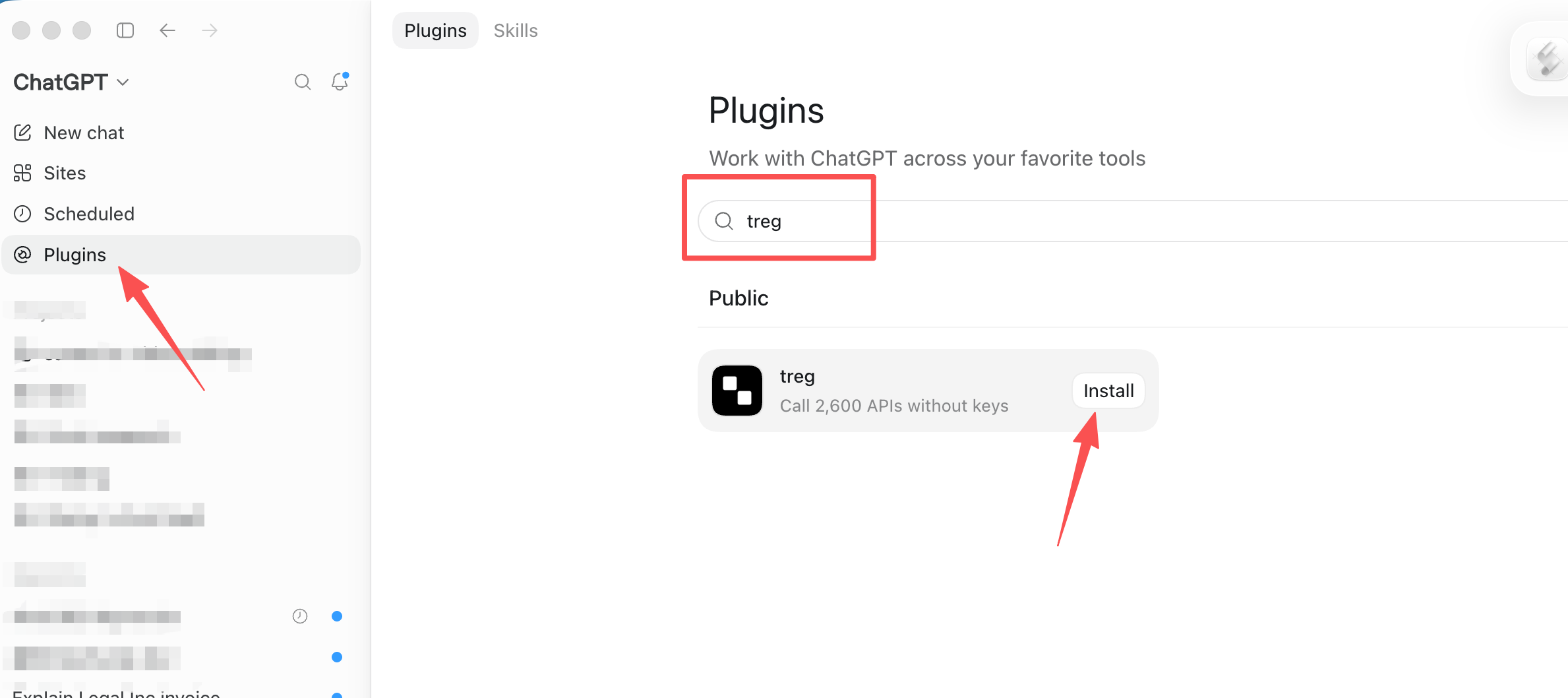 ChatGPT's Plugins directory with “treg” searched and its Install button
