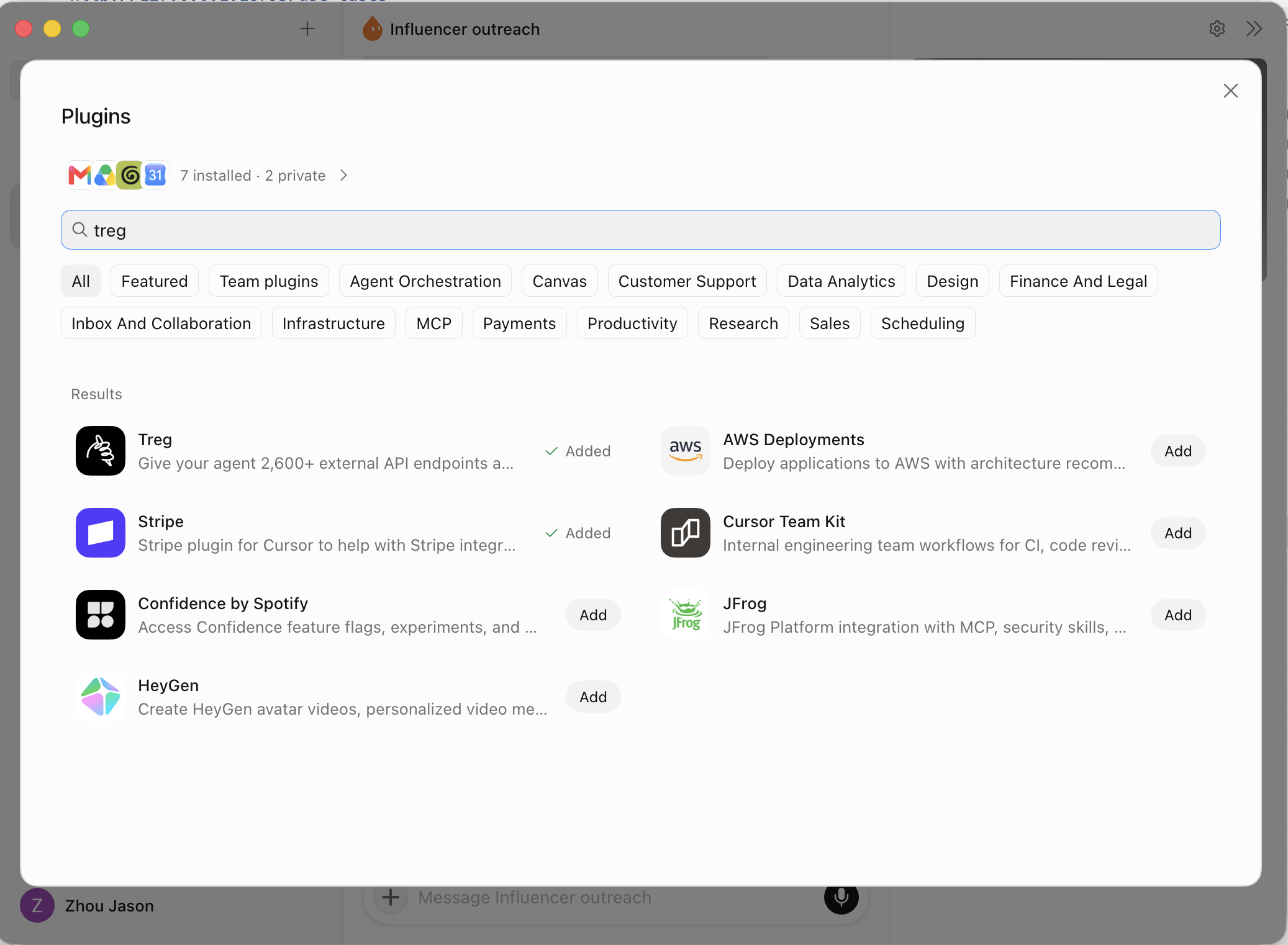 Grok Bot's Plugins dialog with “treg” searched and the Treg plugin added